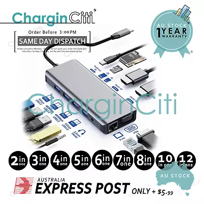 USB Type-C HUB 2/3/4/5/6/7/8/10/12 IN One 4K HDMI VGA RJ45 Ethernet SD TF OTG • $23.89