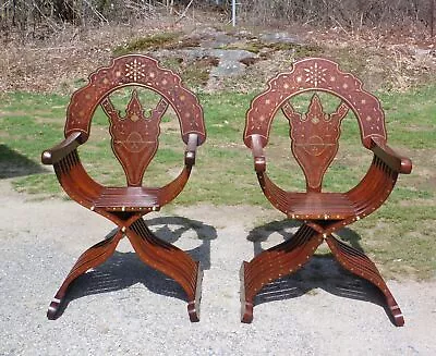 Vintage Pair Traditional Middle Eastern Teak Brass Inlaid Savonarola Chairs • $1800
