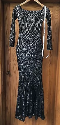 BNWT Goddiva Sheer Sleeve Sequin Stretch Maxi Prom Party Dress Black Size 6 • £50