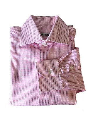 Domenico Vacca Light Pink Twill Checkered Mens Dress Shirt 16.5 (42) Cotton • $89.99