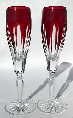 2 Fabergé Lausanne Ruby Red Cut To Clear Crystal Champagne Wine Flutes Signed • $199