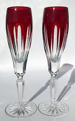 Faberge Lausanne Crystal Champagne Wine Flutes Glass Ruby Red Clear Signed PAIR • $199