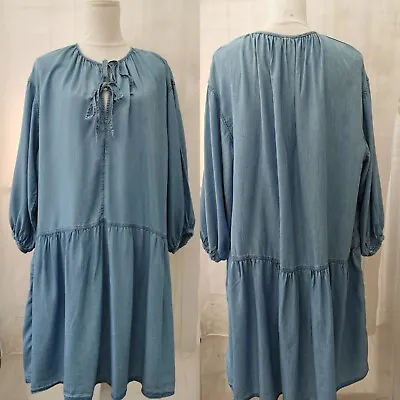 H&M Ladies Dress Size 22-24 Blue 3/4 Sleeves Collarless Tie Lyocell Denim Look • $16.15