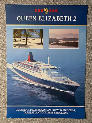 Original 1980s Cunard Queen Elizabeth 2 Cruises Ship Travel Tourism Poster • £39.50