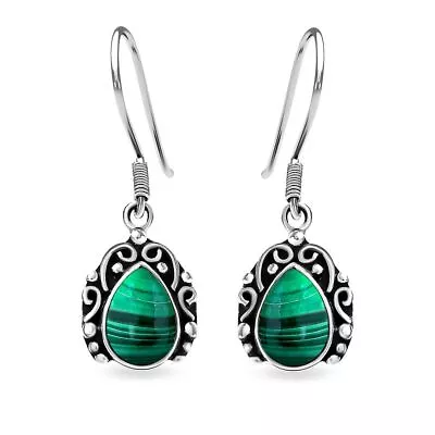 Natural Green Malachite Drop Dangle Earrings For Women 925 Silver Oxidized Gifts • $23.99