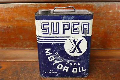 Vintage SUPER X Wax Free Motor Oil Metal 2 Two Gallon Oil Gas Can - Empty • $199.95