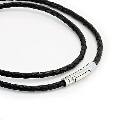 Mens Leather Necklace With Stainless Steel Clasp-Genuine 4mm Black Braided Cord • £18.99