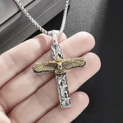 Silver Animal Eagle Cross Pendant Necklace Men's Christian Jewelry Chain 24  • $11.89