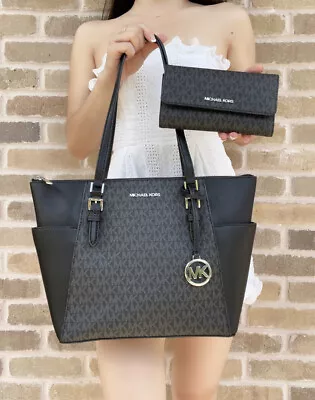 Michael Kors Charlotte Top Zip Tote MK Signature Shoulder Bag Black + Wallet • $159.99