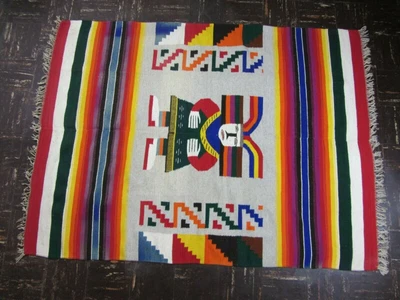$119 • Buy Zapotec Oaxacan Fringed Wool Rug Vintage Used 55.5 Inches By 75.5 Inches