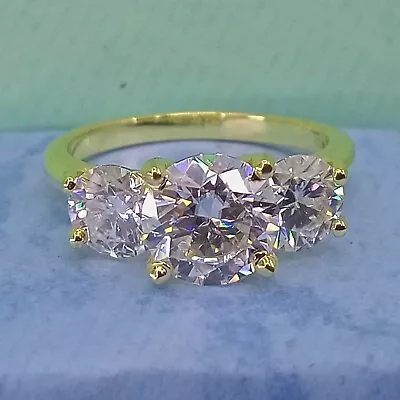 Three Stone 3 Ct Round Cut VVS1 Moissanite Solitaire Ring 14K Yellow Gold Plated • $91.56