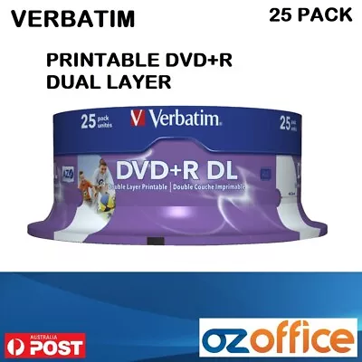 25 X Verbatim DVD+R DL 8x White Full Hub Printable Surface DVD +R Dual Layer • $99.90