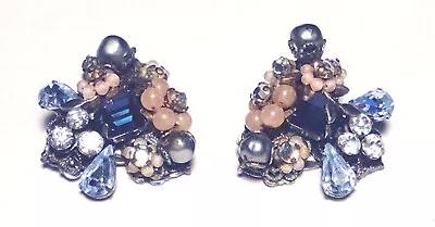 VINTAGE Early MIRIAM HASKELL Faux GRAY PEARL/Blue Crystal EARRINGS Unsigned • $106.25
