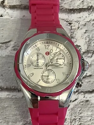 Michele Silver W/ Fuchsia Pink Silicone Band Women's Chronograph Watch NICE • $129.99