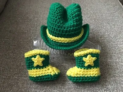 $23.99 • Buy JOHN DEERE COWBOY Newborn Baby HAT And BOOTS Crochet 0-3  Mo PHOTO PROP Green