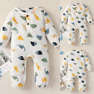 Newborn Baby Boys Dinosaur Bodysuit Romper Jumpsuit Long Sleeve Playsuit Outfits • £5.99