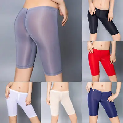 Womens Oil Shiny Glossy Leggings Short Pants Zipper Open Crotch Shorts Underwear • £7.55