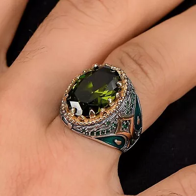 Handmade Green Peridot Vintage Genuine 925 Turkish Sterling Silver Men Ring • £58.02