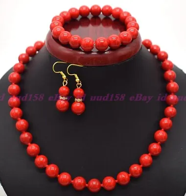 Natural South Sea Red Coral Round Gems Beads Necklace Bracelet Earrings Set 18'' • $7.43