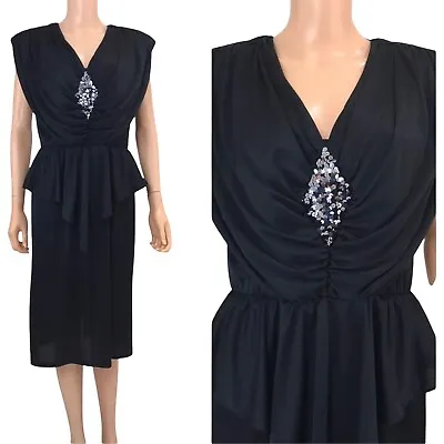 Vintage 80s 90s Black Satin Peplum Dress Disco Salsa Party LBD Draped Dress M • $28.50