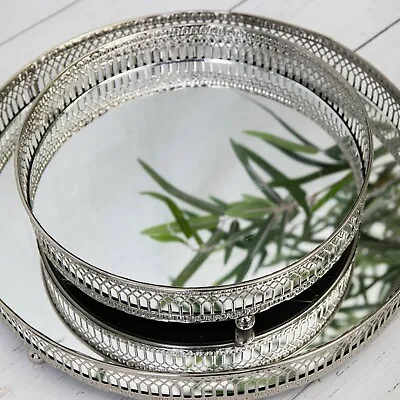 Silver Round Mirror Glass Decorative Vintage Metal Plate Drinks Display Tray • £17.95