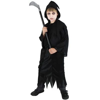 Childs Grim Reaper Halloween Costume Black Death Ghost Outfit Fancy Dress • £7.99