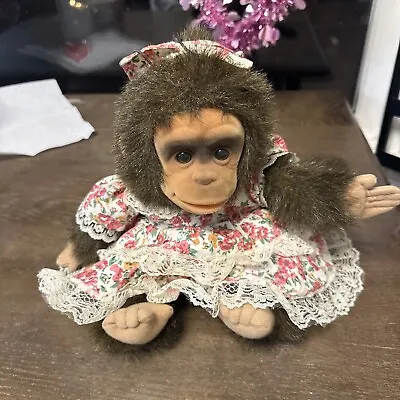 Hosung Vintage 1994 Monkey Full Body Hand Puppet Plush Rubber Face Dress Bow 14” • $28