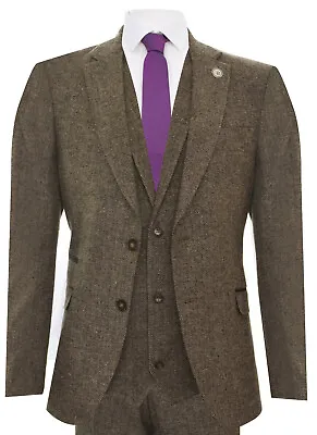 Mens Oak Brown 3 Piece Tweed Suit Vintage Harringbone 1920s Retro Peaky Blinders • $229.99