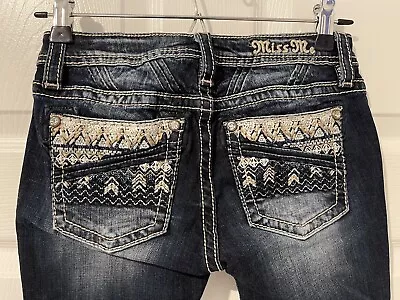 Miss Me Girls Embroidered Dark Wash Bling Geometric Capri Jeans Sz 12 EUC • $32