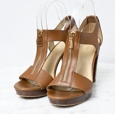 Michael Kors Berkley Leather Zip Front T Strap Open Toe Heel Sandals Sz 8.5 • $74.95