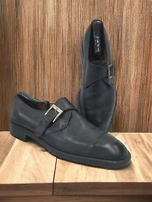 Salvatore Ferragamo Men Black Leather One Buckle Silver Logo Dress Shoes Size 9 • $95
