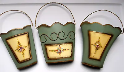 Wall Pocket Hanging Decorative Tin Metal Basket Decor 3 Pc. Sage Green Decor VTG • $16.65