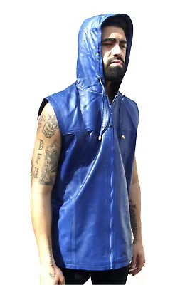 Mens Leather Hooded Hoodie Vest Nappa Sheepskin 4 Colors • $111.41
