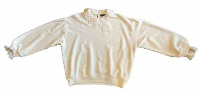 J. CREW Lace Collar Cuff Crewneck Sweatshirt Pullover Women’s Size L Ivory • $19.99
