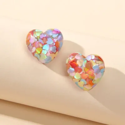 $3.99 • Buy Love Heart Handmade Sparkle Glitter Stud Sequins Pierced Earrings Resin Jewelry