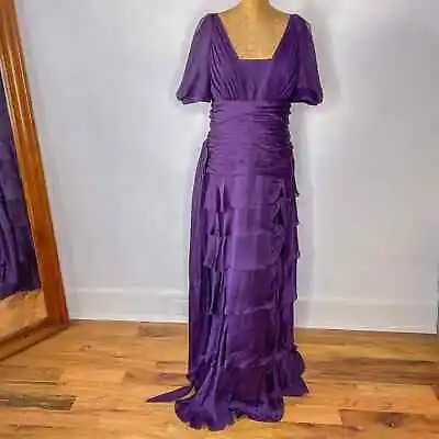 J. Mendel Paris Ruffled Tiered Short Sleeve Silk Evening Dress In Purple Size 10 • $250