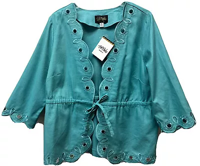 New Bob Mackie Teal 3/4 Sleeve Tie Front Embroidered Cut Out Detail Jacket Sz L • $25.36