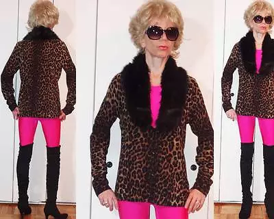 Jones New York Leopard Cheetah Cardigan Faux-fur Faux-mink Collar L • $79.99