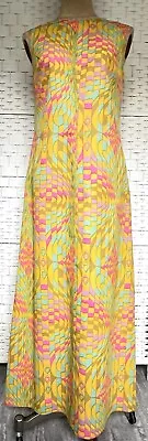 Vintage 60s 70s Dress Psychedelic Op Art Print Sleeveless Maxi Fit 8/10 • £32