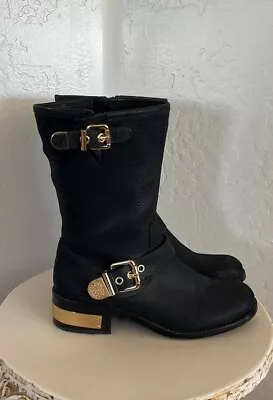 Women's Vince Camuto Winchell Black Leather Moto  Boot  Gold Accent 8 EUC • $59.99