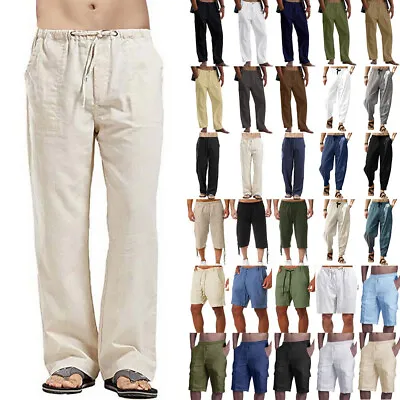 £13.59 • Buy Mens Cotton Linen Summer Pants Baggy Casual Loose Elasticated Trousers Shorts