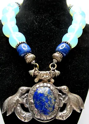MASHA ARCHER Sodalite & Opalescence Beaded BIrd Pendant Necklace • $699.99