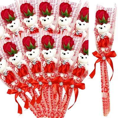 Red Teddy Bear Love Rose Artificial Valentines Diamante Flower Wedding Gift • £6.99