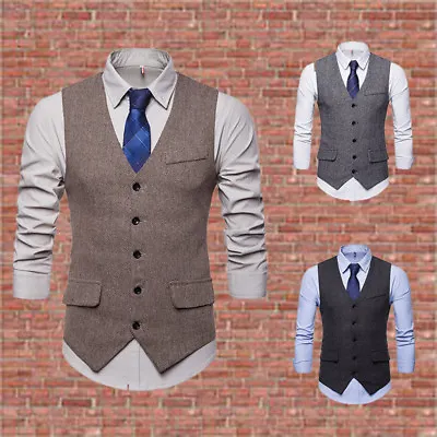 £11.89 • Buy New Herringbone Single Breasted Waistcoat Men's Slim Solid Color Suit Vest
