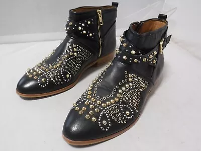 PM2 2012 Zara Woman Black Leather Gold Studded Grommet Embellished Booties 39 8 • $64.99