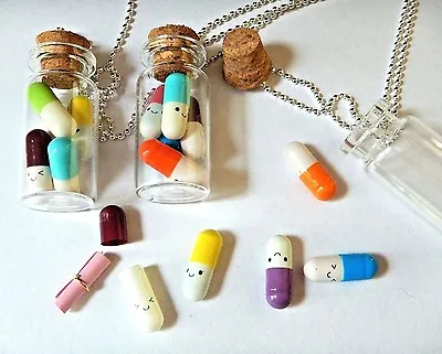 BOTTLE OF LITERALLY HAPPY PILLS Chill Drugs Pendant Necklace Jar Vial Kawaii 2Y • $11.99