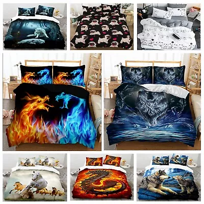 Wolf Horse Animal Quilt Duvet Doona Cover Set Single/Double/Queen/King Size Bed • $28.19