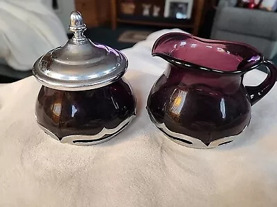 Farber Brothers Chrome & Cambridge Amethyst Glass Creamer & Sugar Bowl W/ Lid • $20