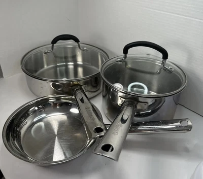 $75 • Buy 3 Cuisinart Stainless Sauce Pan Lid Lot 919-18 922-18 933-24H Skillet Sauce