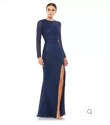 NWT Mac Duggal BEADED HIGH NECK LONG SLEEVE GOWN WITH DETAILED BELT Blue 10 • $179.99